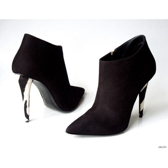 Giuseppe Zanotti Black Suede Booties 39 US 9 Pony Hair Zebra Heel Ankle Zip - Picture 1 of 9